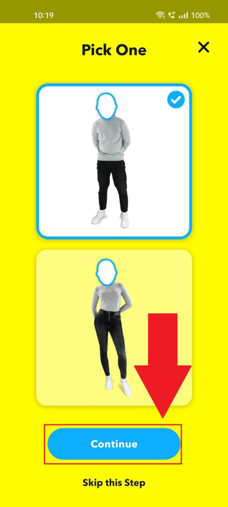 Selecting a body type when creating a Cameo on Snapchat.