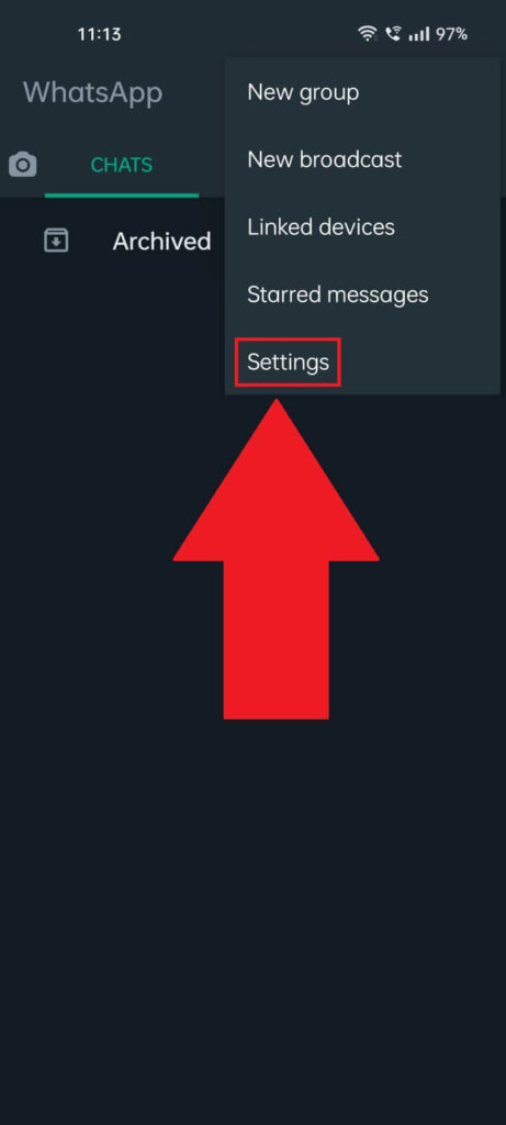 Select "Settings" on Whatsapp menu.