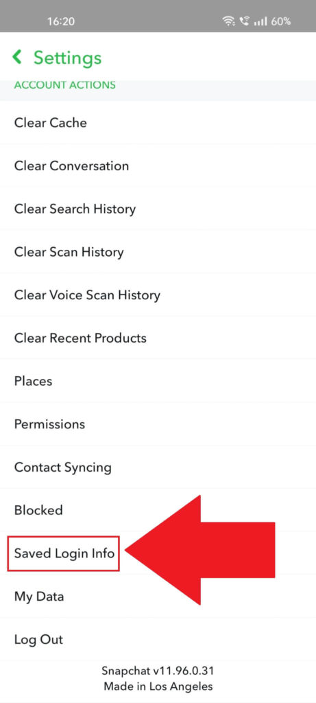 Snapchat menu window showing the "Saved Login Info" option.