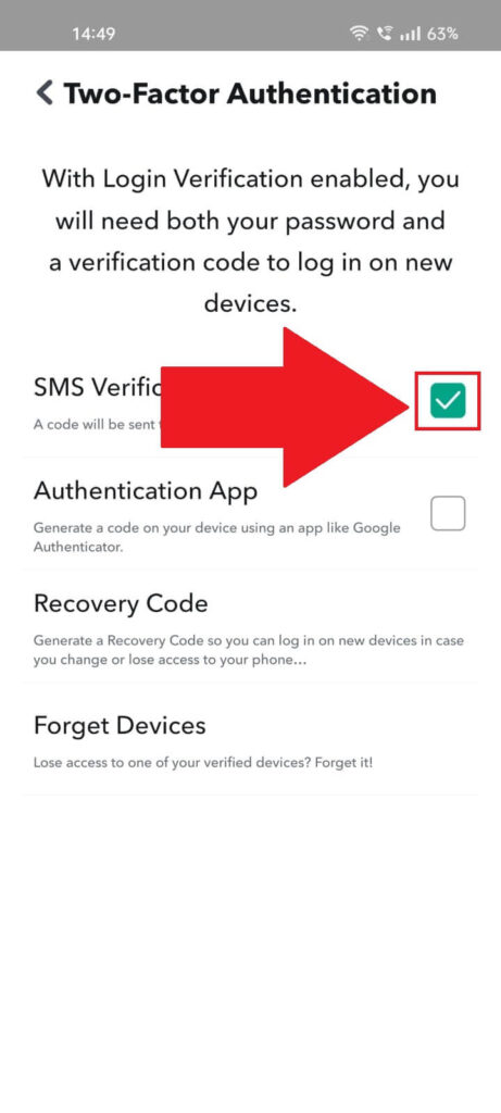 Selecting SMS Verification on Snapchat.