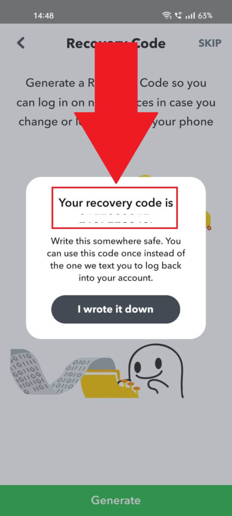 A Snapchat window showing you your recovery codde.