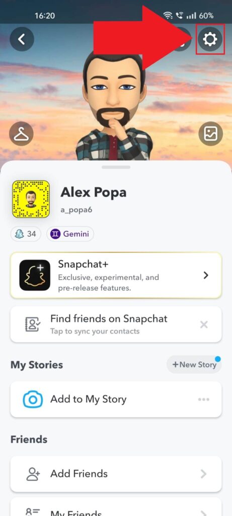 Selecting the Gear icon on Snapchat.