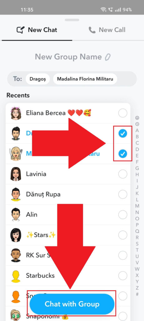 Select people and tap on "Chat with Group" on Snapchat