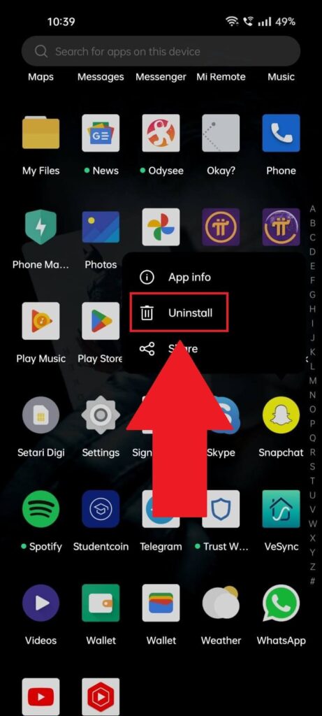 Phone settings page where apps can be uninstalled