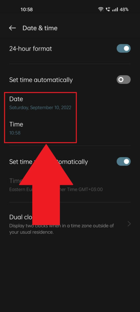 Phone settings page where the "Date and Time" menu options are highlighted