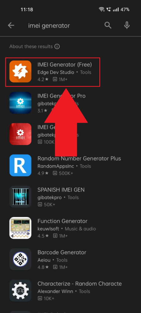 Google Play Store search results where the "IMEI Generator (Free)" app is highlighted