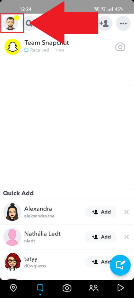 Screenshot of a Snapchat window on a phone where the profile picture menu icon is highlighted