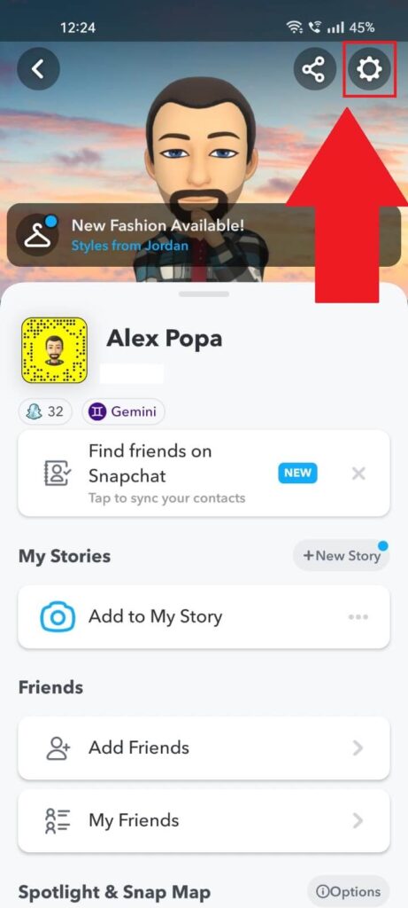 Screenshot of a Snapchat window on a phone where the Gear Icon icon is highlighted