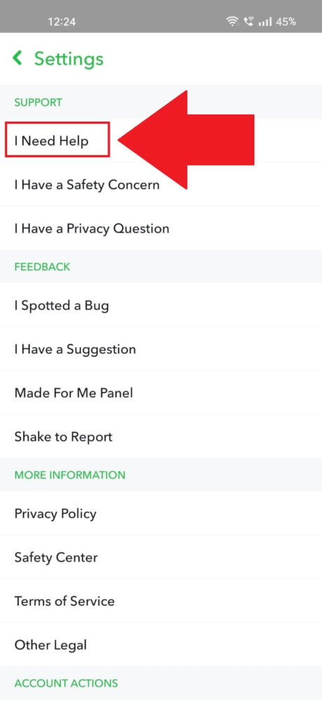 Screenshot of a Snapchat window with the Settings page open on a phone where the "I Need Help" menu item is highlighted