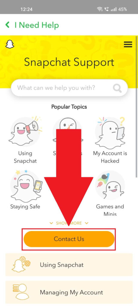 Screenshot of a Snapchat window with the Settings page open on a phone where the "Contact Us" menu item is highlighted