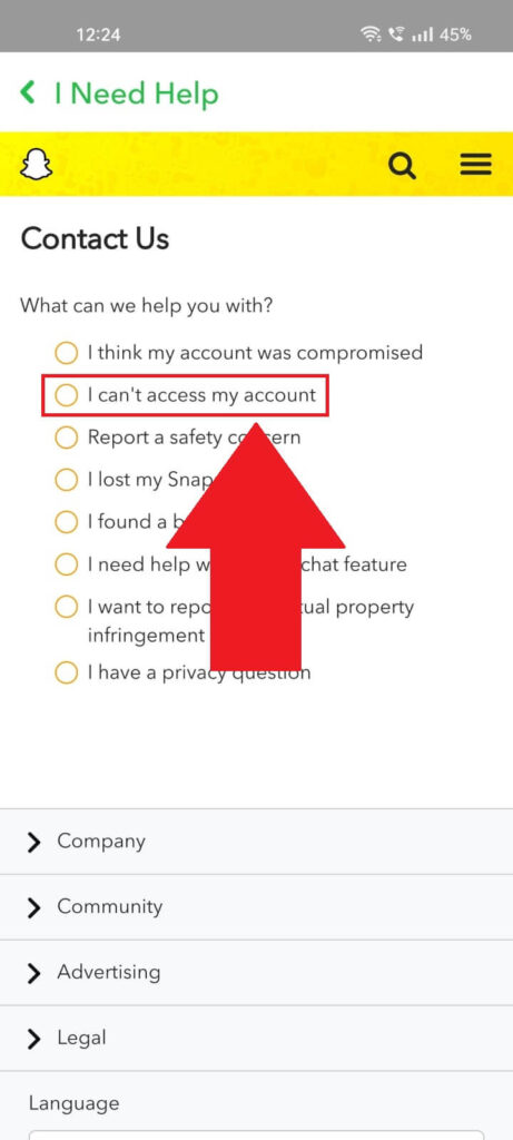 Screenshot of a Snapchat window with the Settings page open on a phone where the "I can't access my account" menu item is highlighted