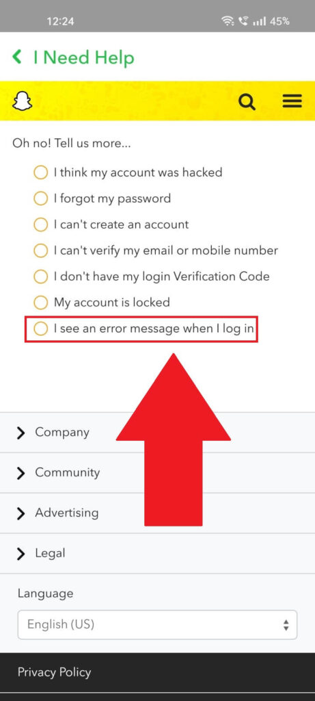 Screenshot of a Snapchat window with the Settings page open on a phone where the "I see an error message when I log in" menu item is highlighted