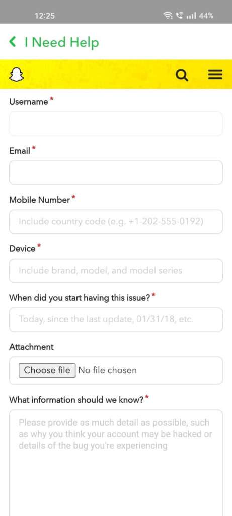 Screenshot of a Snapchat help page on mobile where you will need to enter your contact details.