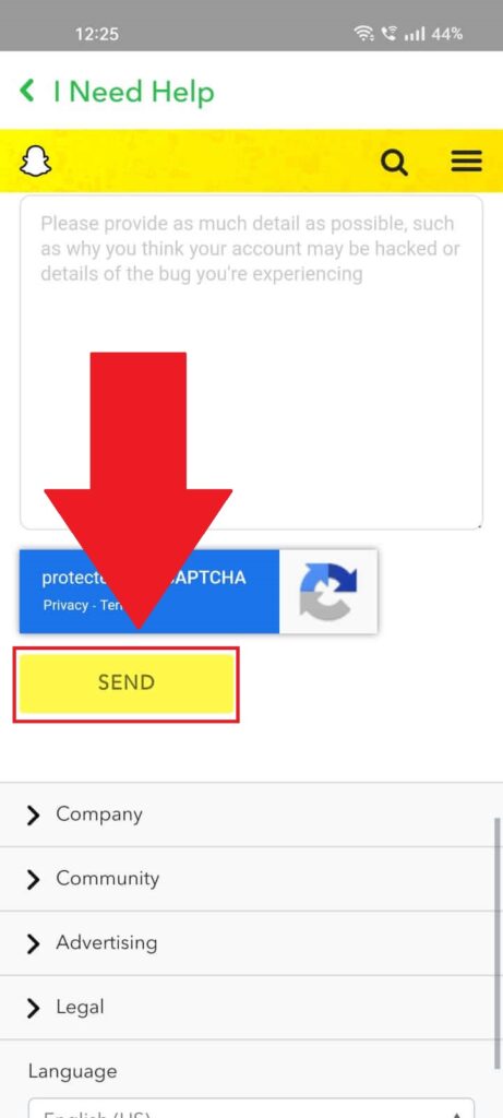 Screenshot of a Snapchat help page on mobile where you will need to press send.