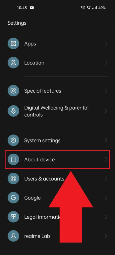 Phone settings page where "About device" menu option is highlighted