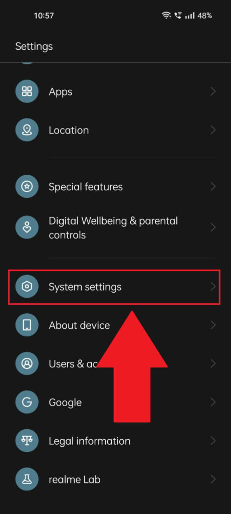 Phone settings page where "system settings" menu option is highlighted