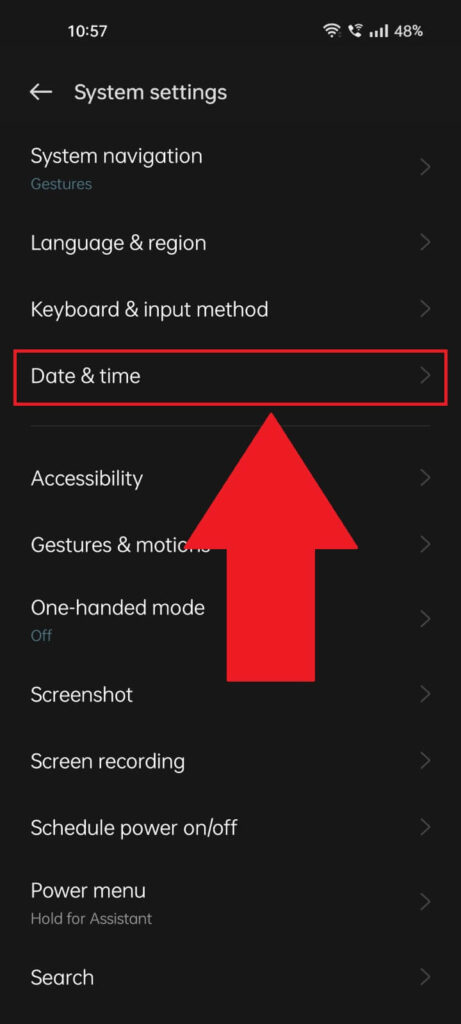 Phone settings page where the "Date and time" menu option is highlighted