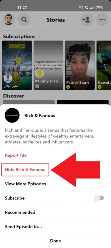 Snapchat menu page with the "Hide Rich & Famous" option highlighted.