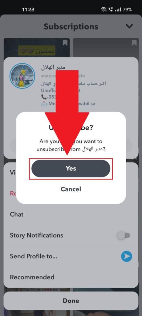 Selecting "Yes" to unsubscribe from a Snapchat subscription.