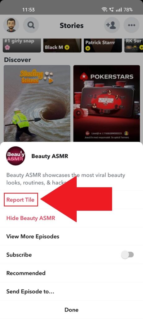Selecting "Report" after having tapped on a result on a Snapchat discover page.