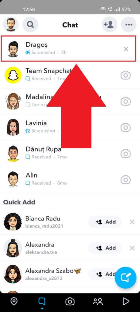 Screenshot of a Snapchat window where the name of a friend is highlighted