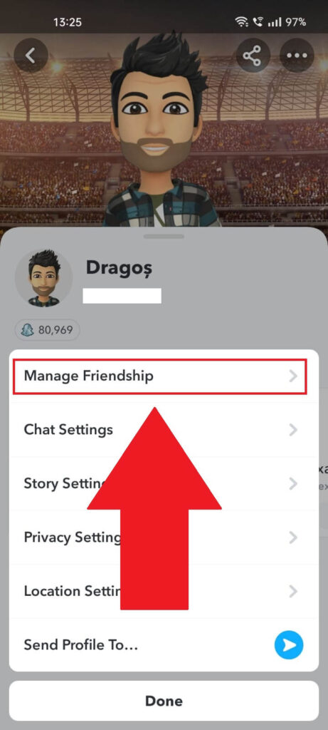 Screenshot of a Snapchat page where the "Manage Friendship" menu option is highlighted