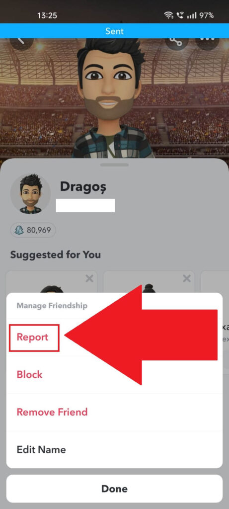 Screenshot of a Snapchat page where the "Report" menu option is highlighted