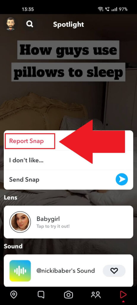 Screenshot of a Snapchat page where the "Report Snap" menu option is highlighted