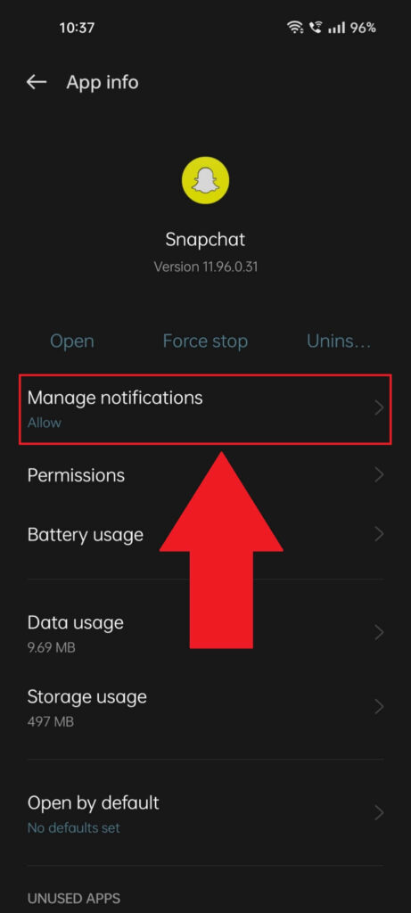 Manage Snapchat notifications on a phone's settings page.