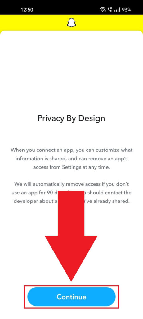 Select "Continue" on Snapchat