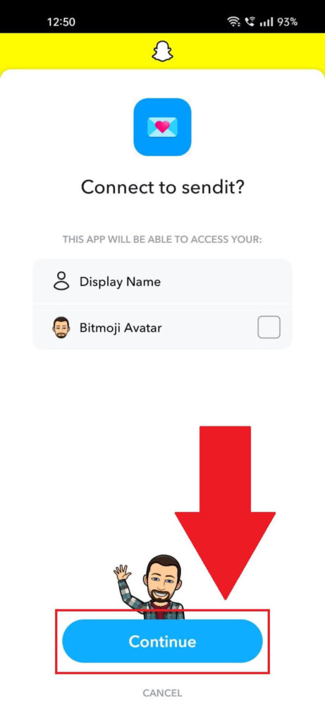Tap "Continue" on Snapchat