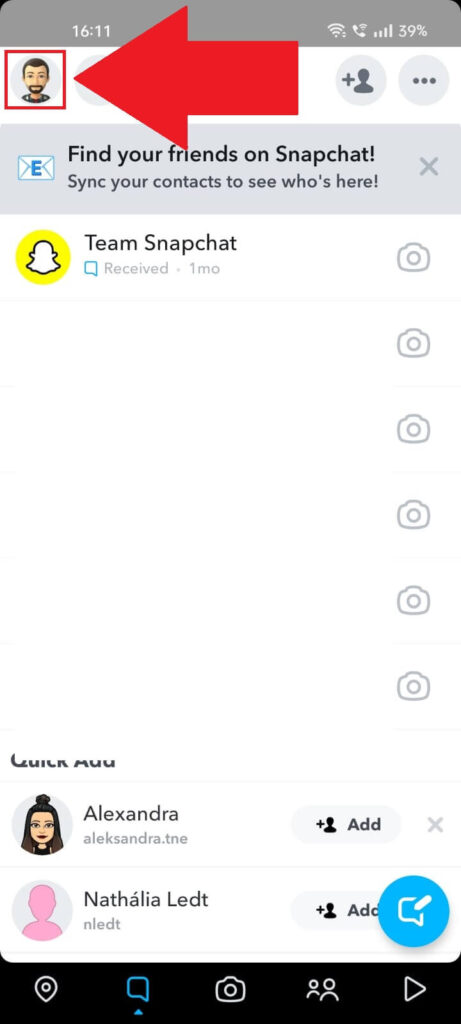 Screenshot of a Snapchat window on mobile where the profile picture icon is highlighted.