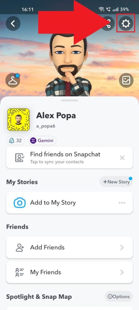 Screenshot of a Snapchat window on mobile where the Gear icon icon is highlighted.