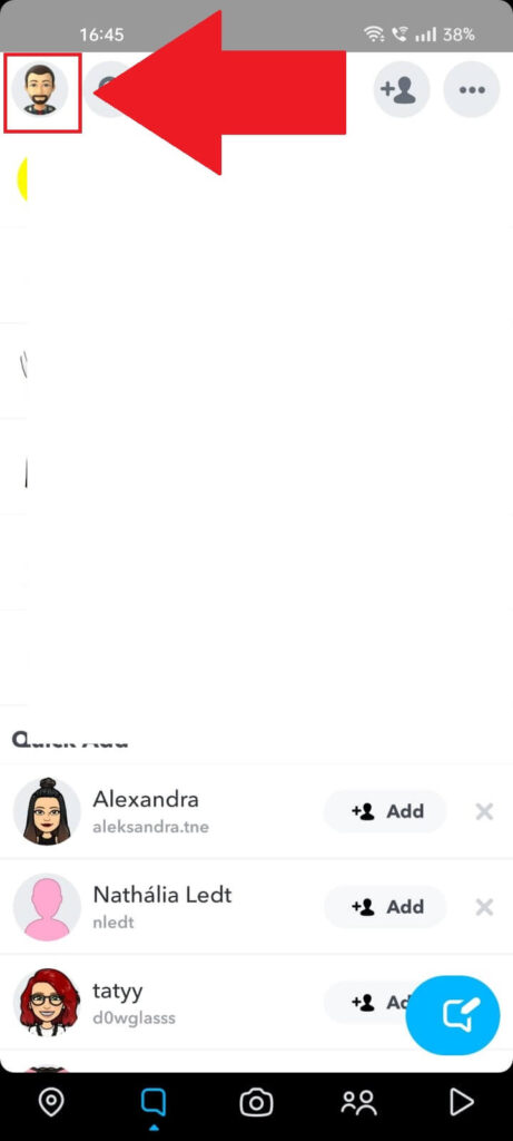 Screenshot of a Snapchat window on mobile where the profile picture icon is highlighted.