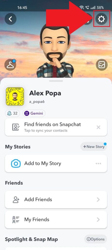 Screenshot of a Snapchat window on mobile where the Gear icon icon is highlighted.