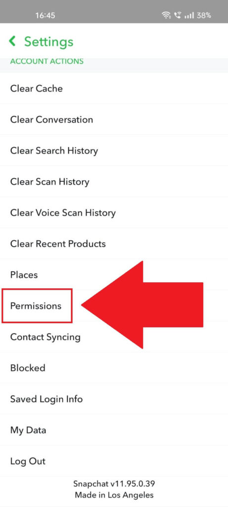 Screenshot of a Snapchat settings page on mobile where the "Prermissions" menu option is highlighted.