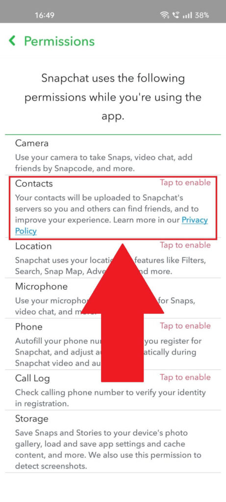 Screenshot of a Snapchat settings page on mobile where the "Contacts" menu option is highlighted.