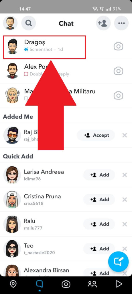 Snapchat page where one can tap on a friend's name.