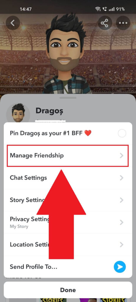 Select "Manage Friendship" option on a Snapchat menu page.