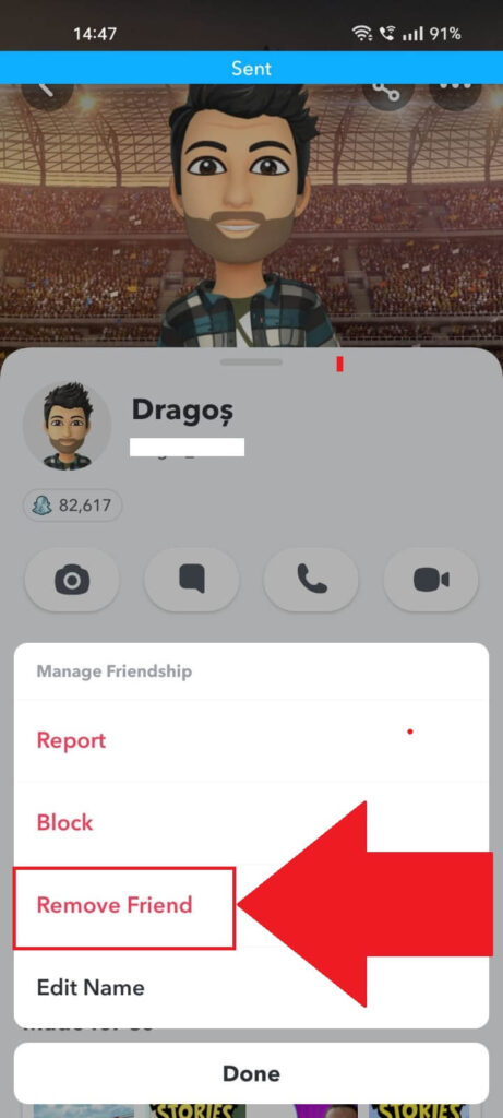 Snapchat menu page showing the "Remove Friend" option.
