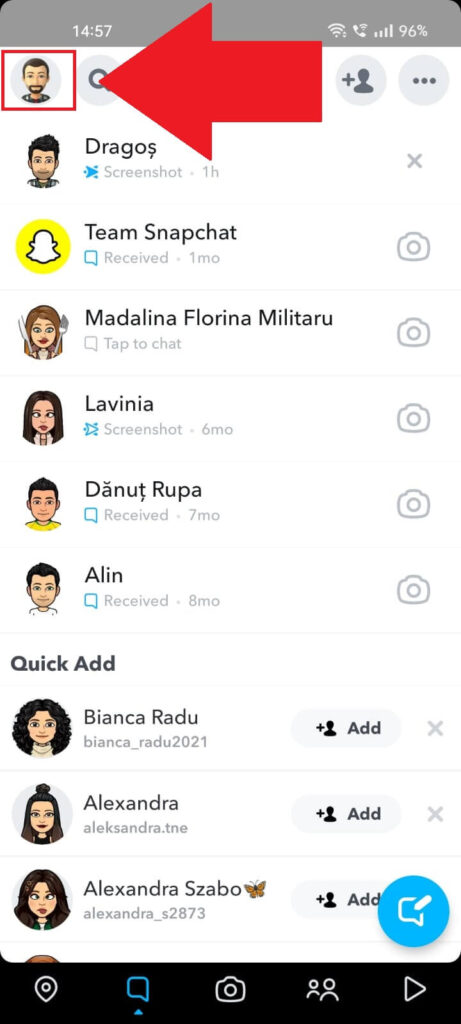 Snapchat screenshot with the user's profile picture icon highlighted