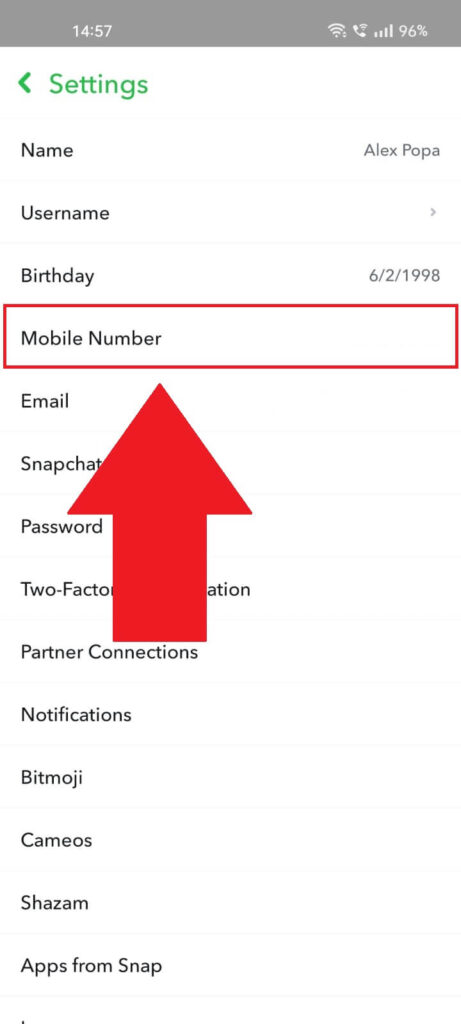 Snapchat screenshot with the "Mobile Number" menu item highlighted