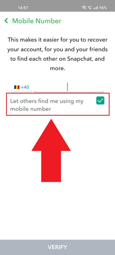 Snapchat screenshot with the Uncheck the "Let others find me using my phone number" option highlighted
