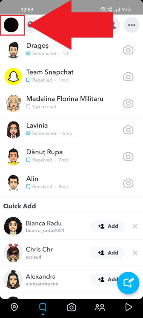 Snapchat page showing a list of friends where the profile picture icon of the user is highlighted.