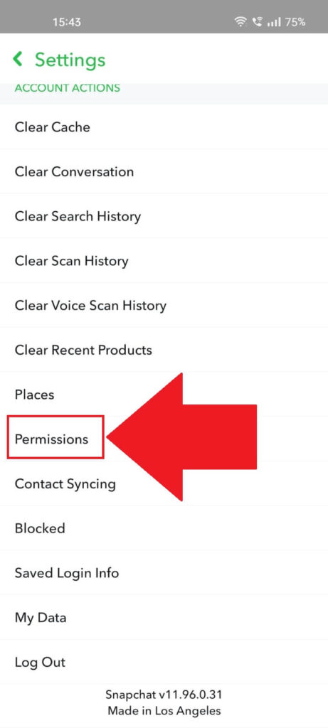 Selecting "Permissions" on Snapchat.