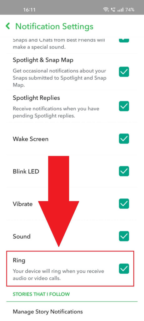 Disable the "Ring" option in the Snapchat settings menu page.