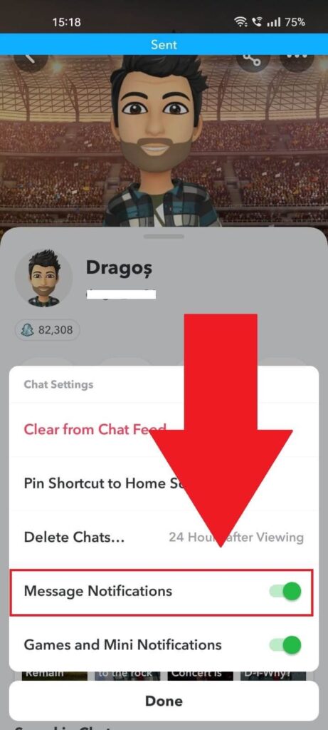 Disabling message notifications between you and a friend on Snapchat.