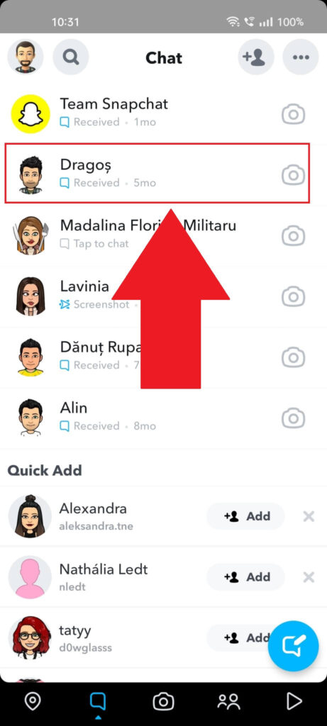 Screenshot of a Snapchat page that shows all existing chats with one chat highlighted.