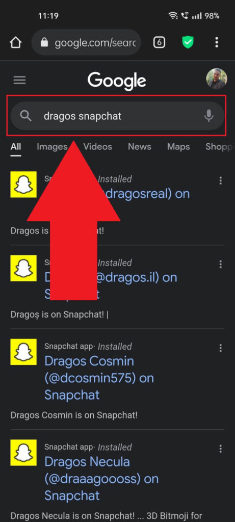 A Google search results page on mobile that shows a search performed after a friend's Snapchat name.