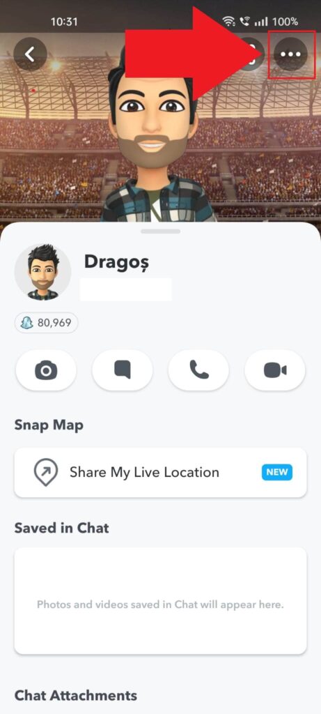 Screenshot of a Snapchat page that shows a friend's page where the "Three-dot" icon is highlighted.